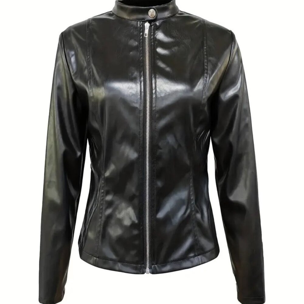 Black Faux Leather Cropped Motorcycle Jacket